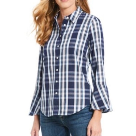 Draper James Tops - Draper James Plaid Bell-Sleeve Button Up Top - Size 14
